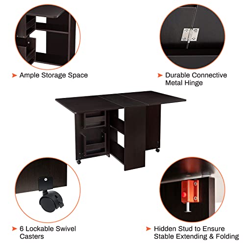 Vanspace Folding Dining Table With 4 Storage Racks Drop Leaf Dining Table Space Saving Kitchen Table With 6 Wheels For Kitchen Dining Room Bedroom Restaurant - Black Walnut #TOP6