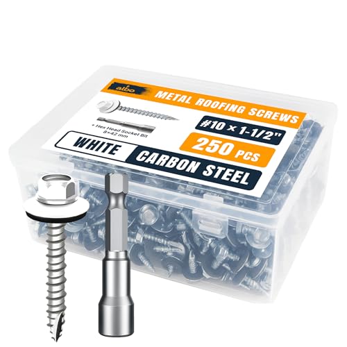 Image of ALBO 250 Pcs #10 x 1-1 /2 inch White Metal Roofing Screws, EPDM Washers | High-Low Threads Help Prevent Loosening, Leak-Resistant Seal, Sharp Point Helps Skip Pilot Holes, Hex Bit Included
