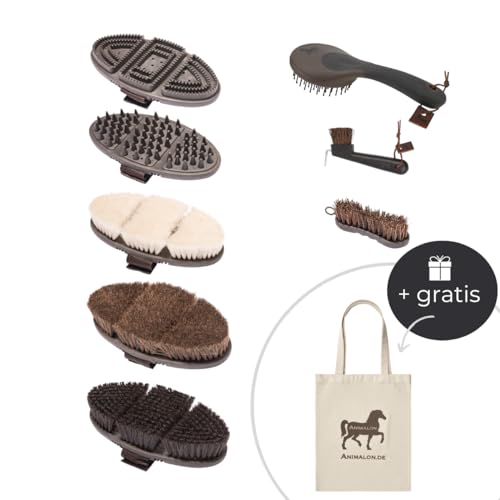 Animalon Deluxe-Set | CareFlex Rosshaar-Kardätsche, Striegel, Glanzbürste und Massage-Striegel, Kardätsche, Mähnen- & Schweifbürste, Hufbürste, Hufkratzer | Bürstenset