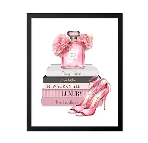 Image of Poster Master Fashion Print - Pink Designer Poster - Shoes & Perfume Art - Chic Gift for Her & Fashionista - Luxury Haute Couture Decor for Bedroom or Girl's Room - 16x20 Black Framed