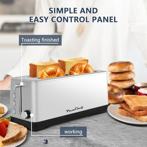 Image of Plum chef 4-Slice KitchenToaster, Extra Wide Long Slot Toaster, 6 Browning Settings, Bagel /Defrost /Reheat Functions, Removable Crumb Tray, Stainless Steel Housing 1350W (Silver)