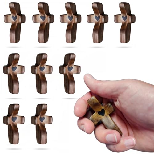10pcs Cross My Heart Encouragement Gift Wooden Pocket Cross Handheld Wood Small Cross Fingertip Stress Relief Religious Gifts for Children Adults Praying, Clutching, Clinging ?Walnut?