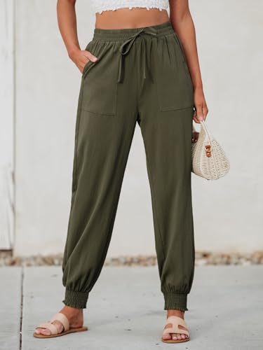 CUPSHE Women Pants Tapered Leg Smocking Drawstring High Rise Pant Casual Summer4