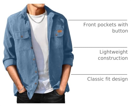Image of Comdecevis Men's Plain Corduroy Shacket Long Sleeve Button Down Shirt Jackets with Flap Pockets Blue XX-Large
