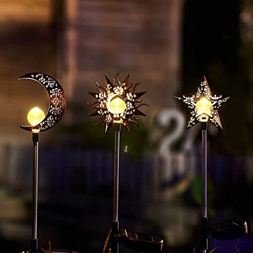 Trymeuro Solar Lights Outdoor Garden Decorations Sun Moon Star Stake Light Decorative Waterproof Warm White LED Yard Decor for Pathway Lawn Patio