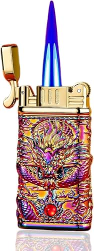 Double Blue Flame Butane Lighter, Grinding Wheel Ignition, 3D Relief, Windproof, Suitable for Candles, Barbecue, Gift(Multi-Colored)