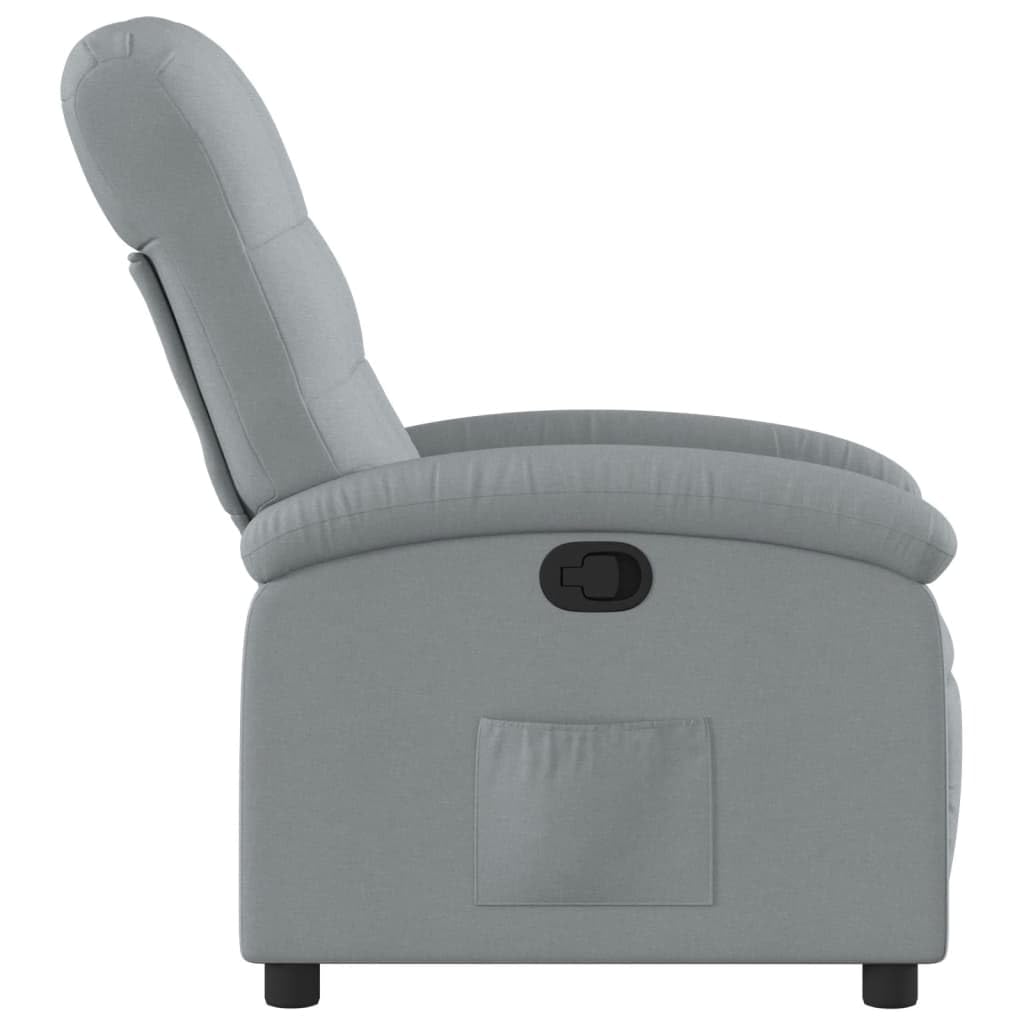Fotel relaksacyjny, jasnoszary, materiał z regulowanym oparciem i podnóżkiem, ergonomiczne siedzisko z tapicerką, drewniany metalowy stelaż, idealny do salonu, biura, czytania i relaksu