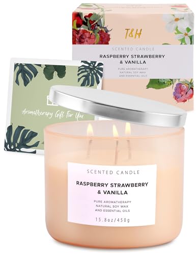 Raspberry Strawberry Vanilla Scented Candles for Home | Natural 3 Wick Soy Candle | Calming Aromatherapy Candle Gift for Women and Men | 15.8 Oz Large Relaxing Candle Highly Scented - Thumbnail 5