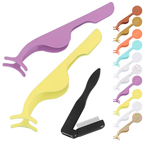 SENXILLER Eyelash Comb Metal Teeth and Folding, False Eyelash Applicator Tool Extension Tweezers Remover Clip Tweezers Nipper(Purple & Yellow)