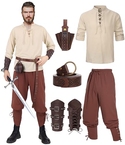Mittelalter Hemd Viking Kostüm Herren Renaissance Viktorian Piraten Schnürhemd Fischerhemd Kriegerin Gothic Stehkragen Cosplay Top with Kniebundhose Männer Armschützer Steampunk Ritter Gürtel VL002XL