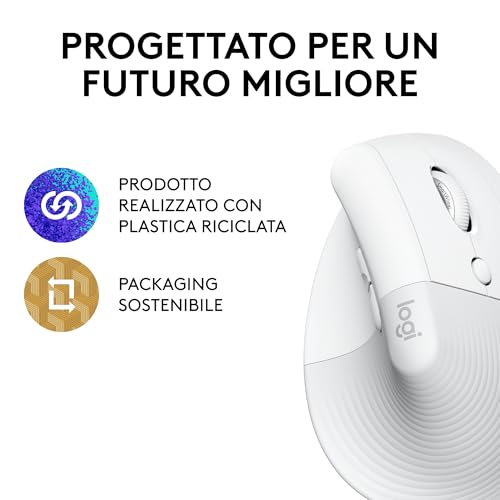 Lift Mouse Ergonomico Verticale, Senza Fili, Ricevitore Bluetooth o Logi Bolt USB, Clic Silenziosi, 4 Tasti, Compatibile con Windows / macOS / iPadOS, Laptop, PC - Bianco - Mouse gaming - Immagine 5