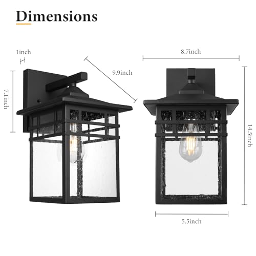 Image of Outdoor Light Fixture Wall Mount, Black Exterior Light Fixture Wall Sconces with Seeded Glass for Front Porch, 9 Inch Large Waterproof Outdoor Square Wall Lantern Outside for House Doorway