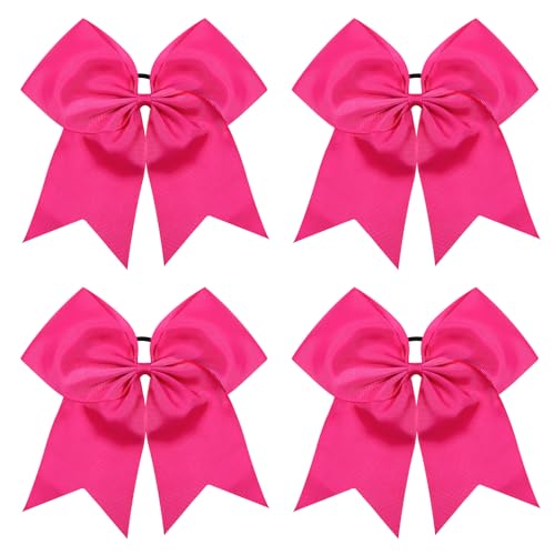 TUUXI 4pcs Large Cheering Bows 8 Inch Pink Cheerleading Bows with Elastics Hair Ties Bands Ponytail Holder for Cheerleader Softball Football Competition College Sport