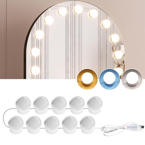 AURORIONCG Luci da Specchio di Vanità 10 Lampadine per Trucco Dimmerabili 3000K/4000K/9000K Temperatura Colore Regolabile, Alimentazione Tramite USB, Adesive