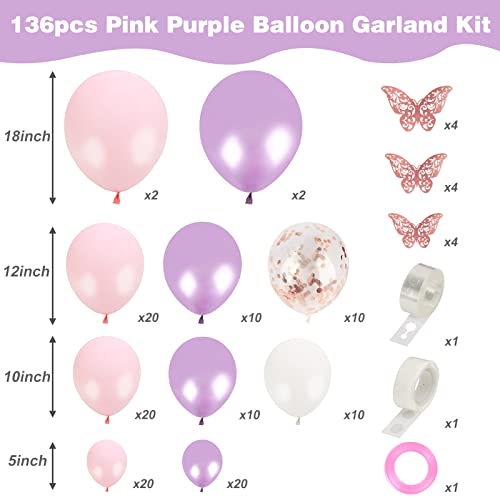 Rubfac 136Pcs Pink Purple Balloon Garland Kit, Butterfly Pink Purple Rose Gold Confetti Latex Balloons For Wedding Bridal Baby Shower Princess Theme Party Decorations #TOP1