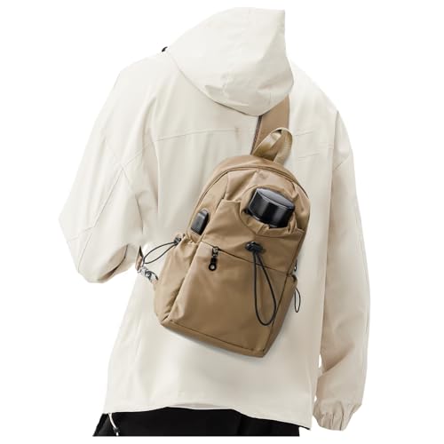 SEAFEW Sling Backpack bag for Men Khaki, Tactical Backpack Shoulder Daypack Mini Anti-Theft Cross Body Motorcycle Chest Bags, Small One Strap Backpack for Casual Travel Hiking Outdoor Sports