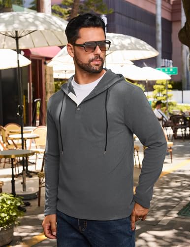 Vssjavun Mens Hoodie Pullover Long Sleeve Casual Henley Shirts Slim Fit Hooded Athletic Shirt with Drawstring3