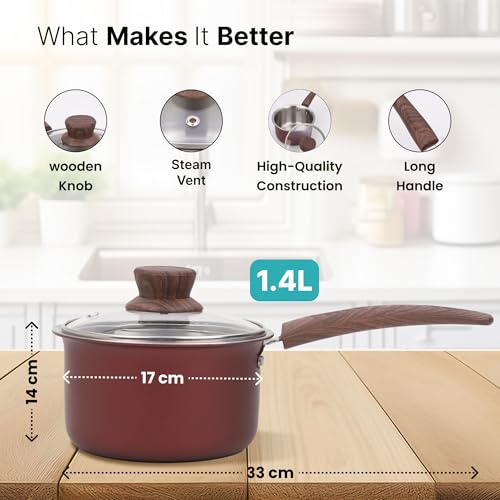 Image of The Better Home 2.5mm Triply Saucepan (1.4L-16cm) with Glass Lid | Tryply Aluminium Kadai with Heavy Bottom | Gas & Induction Kadhai for Deep Frying (Red Saucepan)