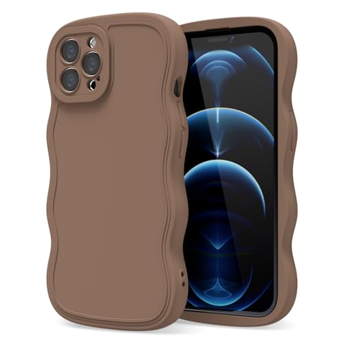 oakxco Girly Silicone Case for iPhone 12 Pro Max, Wavy Curly 12 Pro Max Phone Case for Women Aesthetic, Y2k Cute Wave Frame Ripple Design, Soft Rubber Matte Plain TPU Bumper Case, Brown Fall