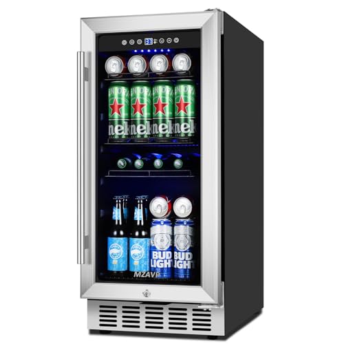 Image of 15 Inch Beverage Refrigerator Under Counter, 130 Cans Beverage Fridge Built-in or Freestanding, 15 inch Drink Cooler with Glass Door, Blue LED Light, Safety Lock - for Home /Kitchen(3.1 cu.ft)