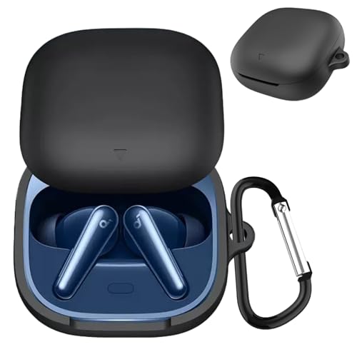 JXRICH For Anker Soundcore Liberty 5 ケース Anker Soundcore Liberty 5 用 カバー 落下防止 キズ防止 シリコンケース 装着充電可能 全面保護 カラビナ付き(ブラック)