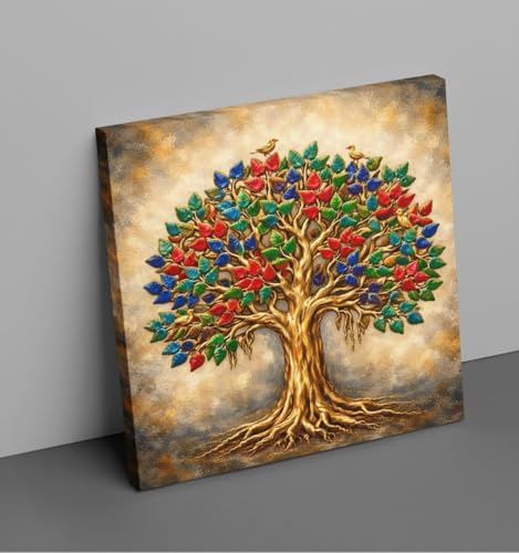 Image of Kunj Cart Kalpavriksha Tree Painting | 8+ DESIGNS | Kalpvriksh Tree Wall Painting | Lucky Tree Wall Art For Living Room, Bedroom and Office Decor | Canvas Painting for Wall Decoration (Design - B, 12x12 Inch, Framed)