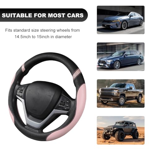 Image of Car Steering Wheel Cover, 15 Inch Premium Leather Breathable Non-Slip Wheels Wrap, Universal Auto Comfortable Steering Wheel Protector for SUV Truck Van, Car Accessories (Pink)