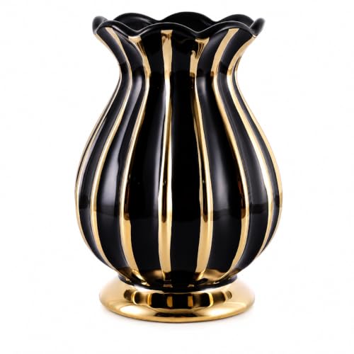 Black Fluted Ceramic Vase with Gold Stripes, Scalloped Rim Flower Holder for Dining Table Centerpiece, Mantel Shelf Console Living Room Bedroom Entryway Decor,for Roses Tulips Pampas Grass，Black