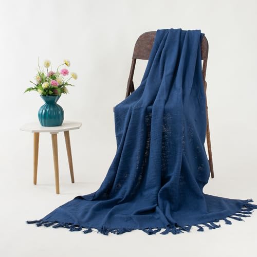 Image of Cotton Jute Sofa Throw Handmade 50x60 Inch Solid Blanket for Bedroom Soft Throw for Living Room, Bed, Couch and Chair Reversible and Breathable (Blue)