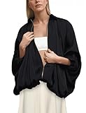 AIHUKOCY Women Puffed Sleeve Zipper Up Bomber Jacket Oversized Batwing Drop Shoulder Pleated Peplum Hem Lapel Collar Coat
