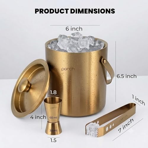 Image of O' Holic by Perch Ice Bucket Trio Stainless Steel - Double Wall Ice Bucket 1.5 Litre with Lid, Ice Tongs & 30 /60 ml Jigger | Insulated Cocktail Barware for Home, Parties & Gifting|Golden