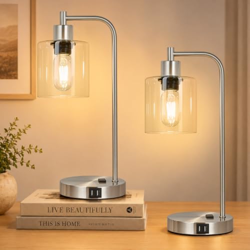Industrial Touch Control Table Lamps Set of 2 - Brushed Nickel Nightstand Bedside Lamps with 2 USB Ports & AC Outlet, 3-Way Dimmable Desk Lamp for Bedroom Living Room, Glass Shade & LED Bulbs Included