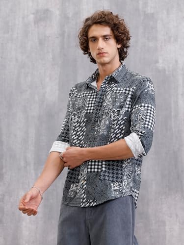 Image of WROGN Men's Cotton Corduroy Shirt | Grey Black Clash Design | Slim Fit