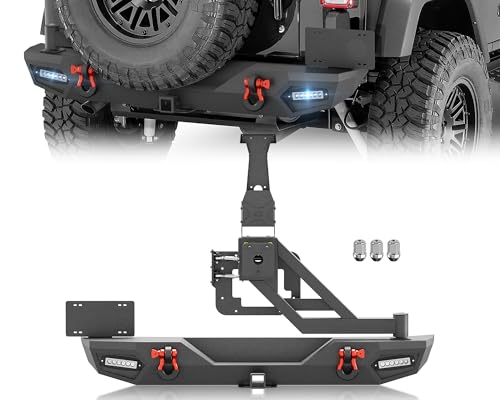 YZONA Rear Bumper with Spare Tire Carrier Compatible with 2007-2018 Jeep Wrangler JK JKU Unlimited (2/4 Doors) Built-in LED Lights, License Plate Bracket, 2