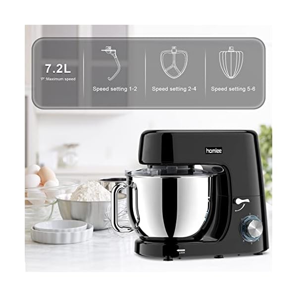 Homlee Küchenmaschine Knetmaschine 1800W, Teigmaschine mit 7.2L Edelstahlschüssel, 6 Geschwindigkeit Reduzierte Geräusche, Multifunktion mit Rührbesen, Rührhaken, Knethaken, Spritzschutz – Bild 8
