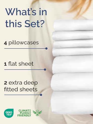 Image of Extra Deep Split King Sheet Set - 7 Piece Breathable Cooling Sheets - White | Hotel Luxury Bed Sheets Set, Easy & Secure Fit, Ultra-Soft, Wrinkle & Fade Free, Comfy Sheets Set with Extra Deep Pockets