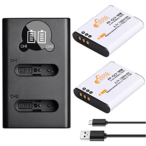 Pickle Power Li-90B Lot de 2 batteries Li-92B 1280 mAh et double chargeur USB LED compatible avec Olympus SH-50 iHS SH-60 SP-100 Tough TG-1 TG-2 TG-3 TG-5 TG-6 XZ-2 iHS TG-Tracker Caméra comme LI-92B Cover