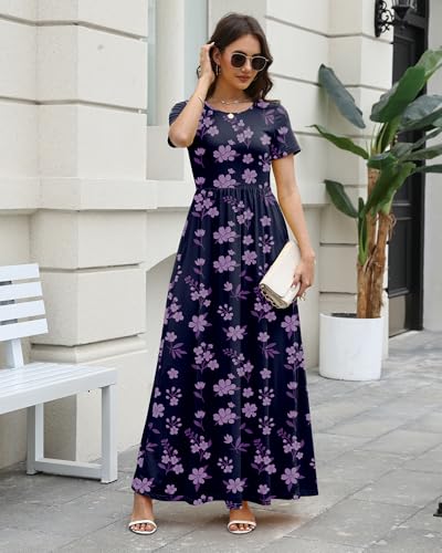 Image of COSSEN Women's Crew Neck Short Sleeve Maxi Dress with Pockets Casual Loose Swing for Wedding Guest Beach Vacation