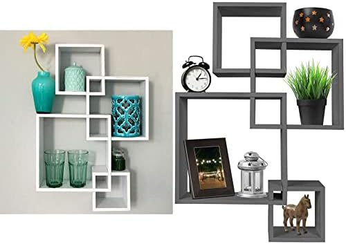 Greenco White Floating Cube Intersecting Mounted Wall Decor Square Shelves for Bedrooms, Living Rooms & More, 25.5 Inch & 4 Cube Intersecting Wall Mounted Floating Shelves Gray Finish