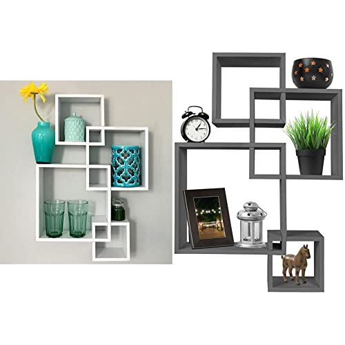 Greenco White Floating Cube Intersecting Mounted Wall Decor Square Shelves for Bedrooms, Living Rooms & More, 25.5 Inch & 4 Cube Intersecting Wall Mounted Floating Shelves Gray Finish