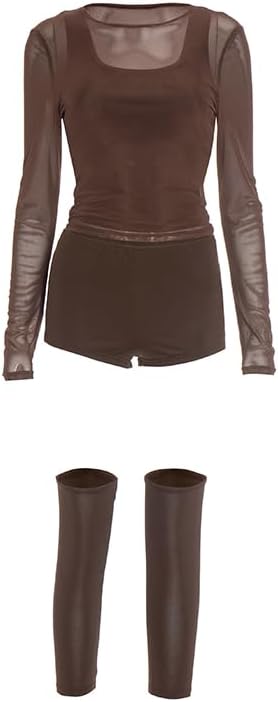 Mandonce Sexy Outfits Mesh Long Sleeve Crop Top Low Cut Vest and Mini Shorts Leg Sleeve Bodycon Y2k Cute 2 Piece Lounge Set - Image 6