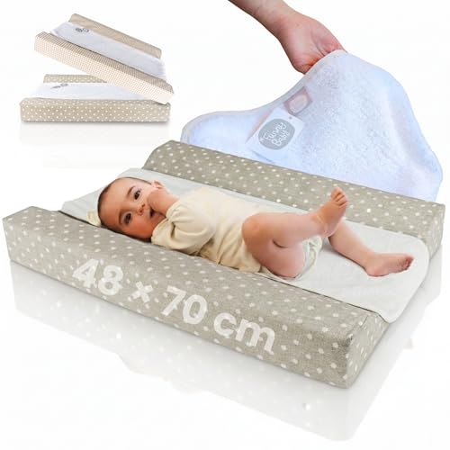 Funny Baby | Colchoneta Cambiador Bebé Impermeable 48x70 cm – Espuma Acolchada con Bordes Elevados, Funda Lavable y Toalla de Rizo – Cambiador para Cómoda Diseño Topos