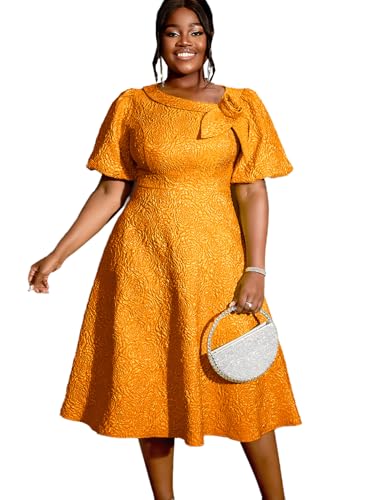 Image of AOMEI Women's Irregular Neck with Flower Short Puff Sleeve High Waist A-Line Jacquard Dress