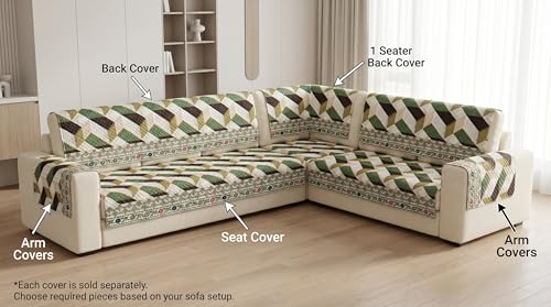 Image of Luxury Sofa Cover L Shape 6 Seater with Matching Cushion Cover 16x16 inch - Royal Green Chevron 3+3 Seater (6 Seater) Quilted Sofa Cover Set Pack of 11, Washable, Green Multicolor