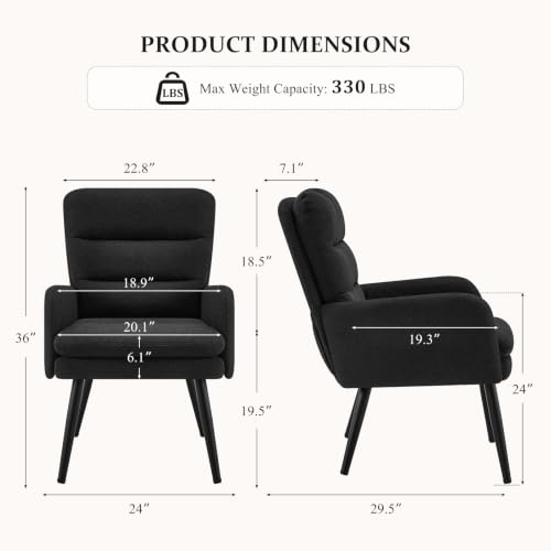 Image of Comfy Accent Chair Set of 2 Modern Boucle Living Room Chair,Black | Upholstered High Back Armchair with Padded Seat, Cozy Reading Lounge Chair with Black Metal Legs for Bedroom, Small Space