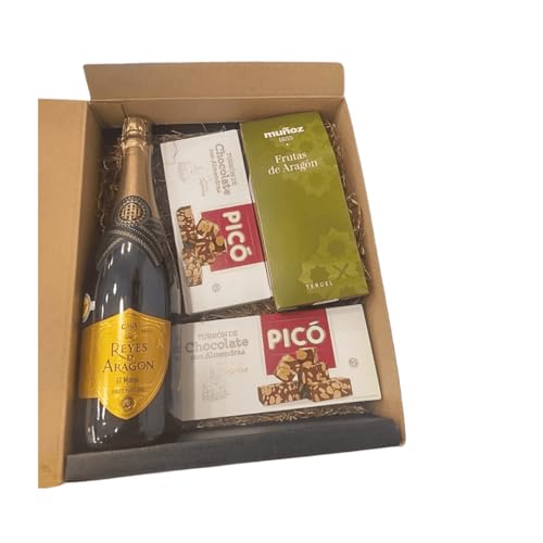 DEGUSTA TERUEL. Cestas de Navidad Gourmet para Regalo con Surtido de turrones artesano, Paquete de frutas de Aragón y Botella de Cava Reyes de Aragón