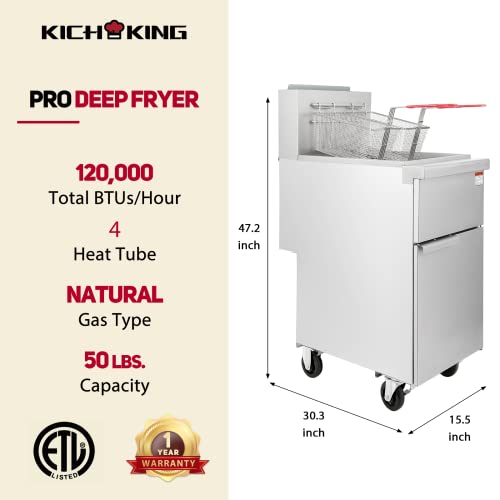 Kichking Gas Floor Fryer With Wheels, 4 Tube Commercial Deep Fryer With 2 Baskets, 50 Lbs Capacity, 120,000 Btu, Restaurant Stainless Steel Upright Fryer, Deep Floor Fryer Consistent Temp 200-400°F #TOP1
