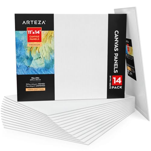 Arteza ペイントキャンバス 絵画用 14枚セット 11 x 14インチ ブランクホワイトアートキャンバスボード コットン100% 12.5オンス ジェッソプライム 大人とティーン向けの画材 アクリル製 ポーリングと油絵（Amazon）