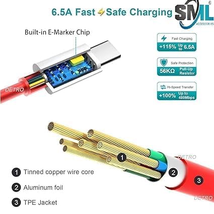 Image of Original 80W One Plus Dash Warp Charge Cable, 6.5A Type-C to USB C Pd Data Sync Fast Charging Cable Compatible with One Plus 8T / 9 / 9R / 9 Pro / 9Rt / 10R / Nord & for All (fast43)