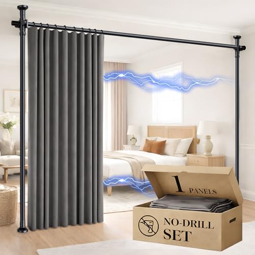 Image of Room Divider Curtain Set-No Drilling Curtain Rod Set, Curtains for Dividing Bedroom, Curtain Room Divider for Privacy Grey-100 W x 96 inch L(Pack of 1)